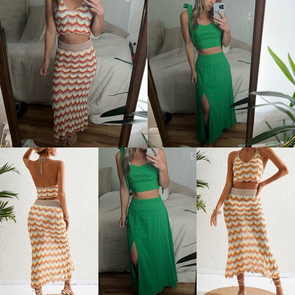 Bundle of two matching sets xs s crop midi maxi knit green neutral chevron